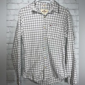 Hollister Mens Long Sleeve Button Up Dress Shirt White Silver Plaid